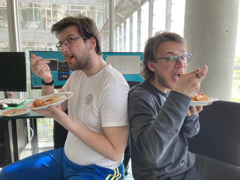 Me and the level designer eating homemade lasagne