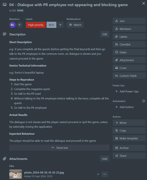 Example of a bug card